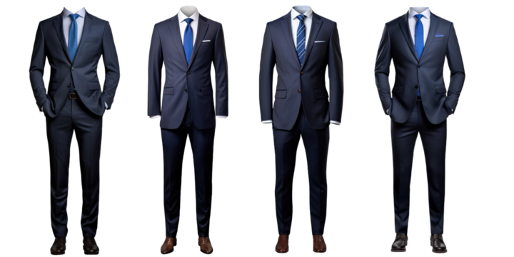 Collection of PNG. Full body a business suit mock up dark blue isolated on a transparent background.
