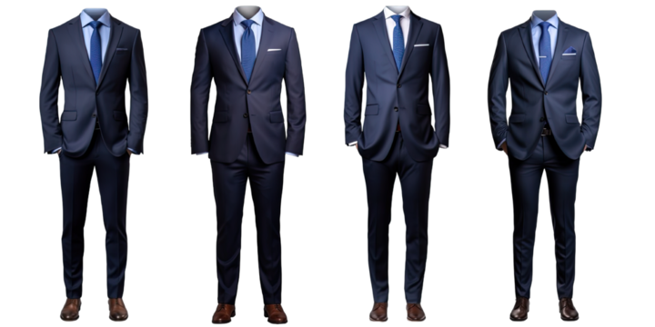 Collection of PNG. Full body a business suit mock up dark blue isolated on a transparent background.