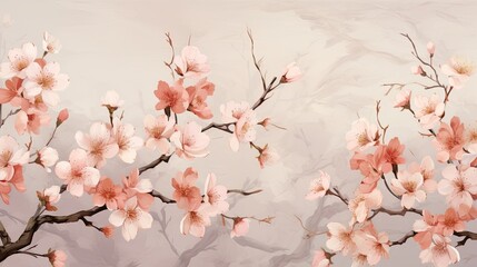  Panoramic view of cherry blossoms in Peach Fuzz 2024 tones, evoking the serene and expansive beauty of spring.