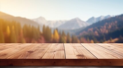 Wooden Terrace blurred and Christmas background Empty Wood table top perspective in front beautiful winter landscape natural sky with light and mountain blur background image for product display - obrazy, fototapety, plakaty