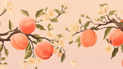 A stylized depiction of an orchard with peach fuzz 2024 color peaches and white flowers, evoking a feeling of freshness and purity. - obrazy, fototapety, plakaty