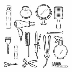 Vector contour set of hairdressing tools and appliances. Collection of doodle elements for beauty salon. Hand drawn sketch.