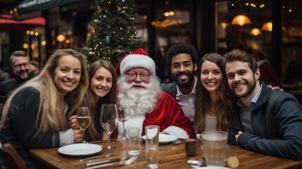 Obraz premium A diverse group of friends sharing a Christmas meal outdoors with a cheerful Santa Claus, an image with high commercial value for holiday marketing and inclusivity campaigns.