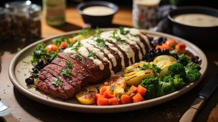 A gourmet beef tenderloin drizzled with mustard cream sauce, accompanied by vibrant vegetables and potatoes, served on a rustic plate.