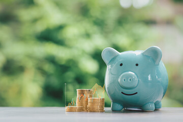 Piggy bank save money and coin stack arrange graph growth of save money concept with vintage background.