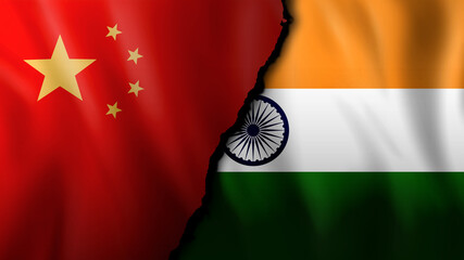 Flag of china and india divided. Conflict trade routes.
