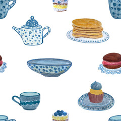 Watercolor tea time seamless pattern isolated on white