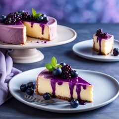 cheesecake slice with berries: product photograph of a freshly baked cake on the table in soft-lightening butter icing garnish with purple chocolate dripping - obrazy, fototapety, plakaty