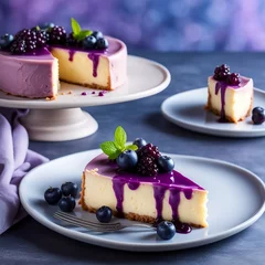 Foto op Plexiglas cheesecake slice with berries: product photograph of a freshly baked cake on the table in soft-lightening butter icing garnish with purple chocolate dripping © Tharu