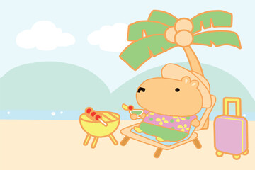 Little Capybara relaxing on the beach cartoon style.