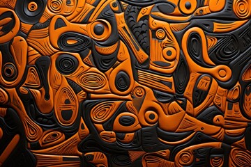 Tribal textiles design on orange and black, in the style of colorful woodcarvings