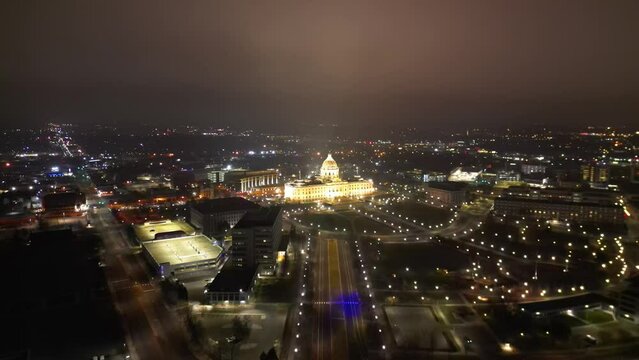 Aerial footage of the building of Minnesota State Capitol illuminated at night, Minnesota, USA