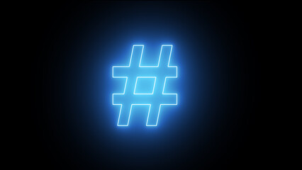 Neon glowing hashtag symbol icon sign isolated on black background. 3d render of hashtag icon. glowing hashtag sign.