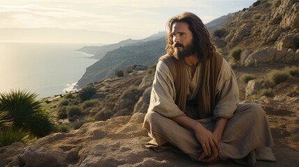 Jesus in robe sitting on stone shore strewn with bushes by sea looking at landscape. Jesus Christ...