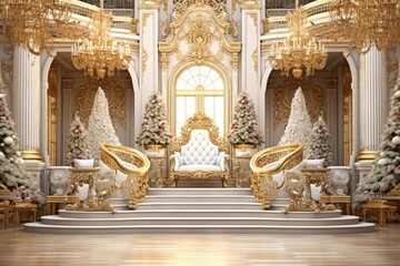 Opulent Christmas themed hall with grand staircase and festive decorations. Holiday luxury interior. - obrazy, fototapety, plakaty
