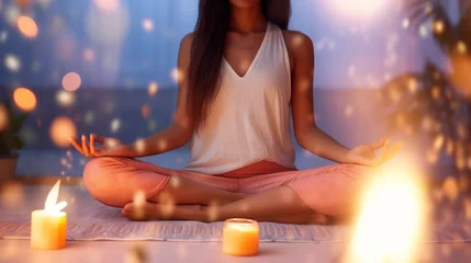 Tuinposter Solitude and meditation surrounded by aromatic candles. Aromatherapy. A young woman meditates in the lotus position in a spacious yoga studio in nature. © Stavros