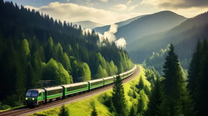 Foto op Plexiglas A locomotive pulls a passenger train along a winding road among the autumn forest and mountains. Suburban passenger train. © Stavros