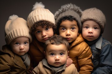 Group of toddlers in winter attire looking at camera. Childhood innocence.