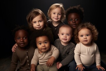 Diverse group of children posing together in studio setting. Childhood and unity.