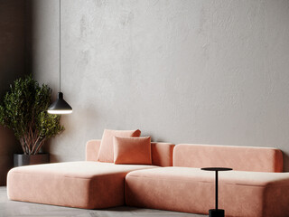 Peach fuzz trend color year 2024 in the premium livingroom. Texture mockup wall for art - microcement pastel gray taupe colour. Modern room design interior lounge. Accent apricot sofa. 3d render