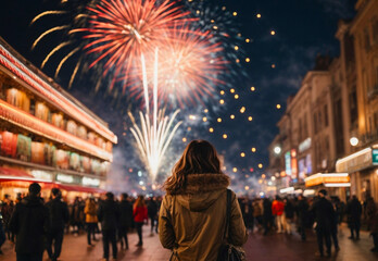 Fototapeta na wymiar AI generative image of a woman and fireworks in the sky in the city, view behind the woman, blurred people in the city at night with fireworks sky.