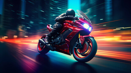 Racing motorcycle on speedway in a night city, with neon lights. - obrazy, fototapety, plakaty
