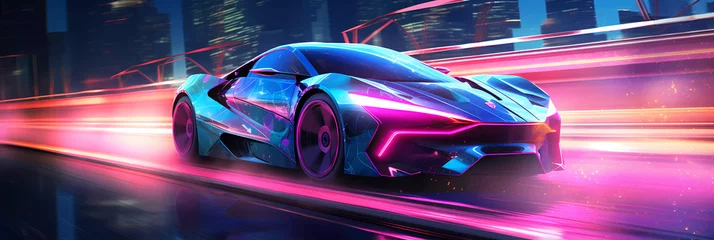 Tuinposter Futuristic supercar moving on high way in a night city, with neon lights. © Radala