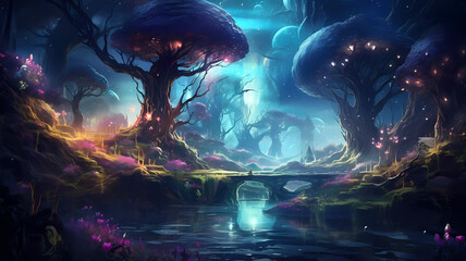 Fantasy forest epic landscape, magical trees and sparkling sky.