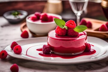 Sweet panna cotta with raspberry sauce that is delicious - obrazy, fototapety, plakaty