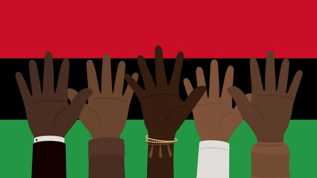 Flat design animation of people raising their hands on Pan-African flag background. For Juneteenth and Black History Month.	