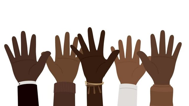 Flat design animation of people with dark skin tone raising their hands.