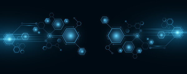 Futuristic background of digital glowing sci-fi hexagons. Artificial intelligence and neural networks cover. Big data. Vector illustration.
