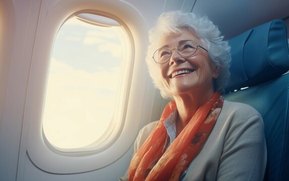 Happy senior woman with orange scarf travel in airplane