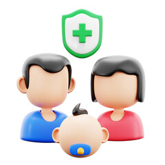 father mother baby kid with healthy shield protection for family medical insurance medical hospital 3d icon illustration render design