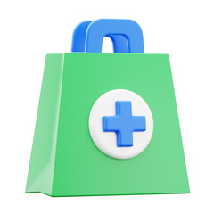 shopping bag with plus symbol for medical store drug shop 3d icon illustration render design