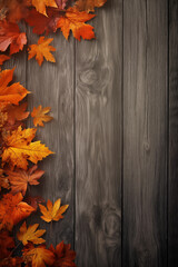 Naklejka na ściany i meble autumn background poster with maple leaves and wooden board, wooden background, autumn vibe and style