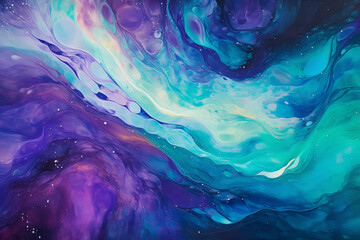 Abstract expressionist art of the Aurora Borealis with iridescent colors, whirling patterns, and cosmic energy