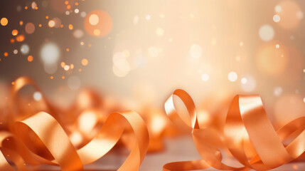 Abstract background with confetti on orange ribbons on golden light backdrop