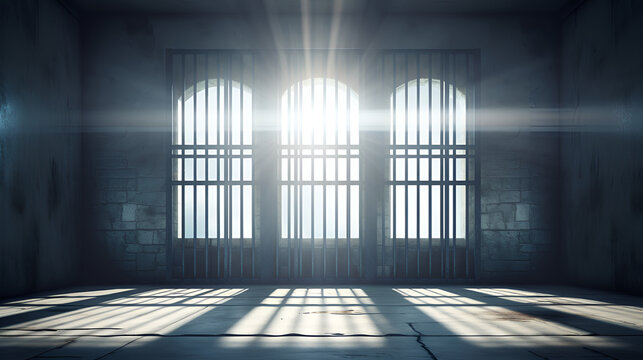 Ethereal Shadow 3D Journey through Stark Interior of a Dark Prison Cell with Illumination from a Barred Window Caged Perspectives A Pensive Gaze into the Prison Walls Ethereal Shadows generative AI