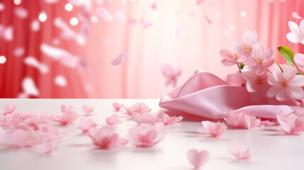 Fototapeta na wymiar Mockup background with pink flowers and petals on light background