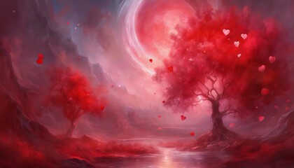 Tree with hearts falling from leaves, love and nature concept