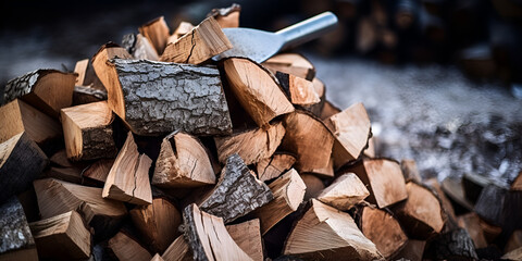 Firewood Image Burning Fire With Firewood Burning Behind It Background Textured firewood background choped wood for kindling and heating woodpile with stacked firewood birch tree covered Ai Generative
