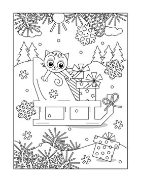 Coloring page with Santa's sledge, gifts or presents, kitten and lost box. Winter holidays, Christmas, New Year. Black and white, printable.
