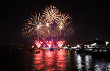 Light and firework show over the old steel bridge ,Phra Phuttha Yodfa Bridge at Bangkok, Thailand Theme Vijit Chao Phraya 2023 Bangkok Thailand