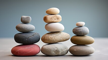 Fototapeta na wymiar Meditation Rock Stack Poise Stones for Serenity and Mindfulness Simple Harmony Five Stones on White Background for Tranquility Stone Cairn for Peaceful Wellness Background