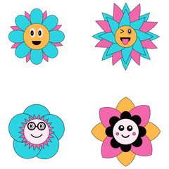 Groovy Flower Retro With Different Shape. Isolated On White Background. Vector Illustration Set. 
