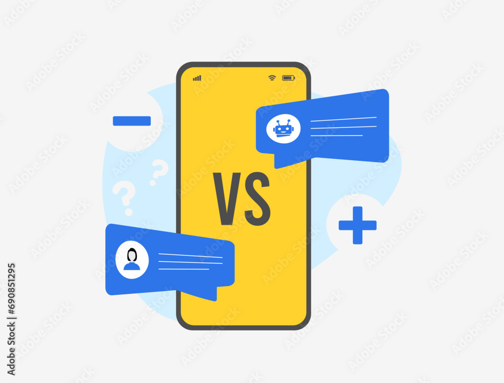 Aufkleber chatbot vs real time live chat concept. pros and cons for business. live chat with human-to-human co
