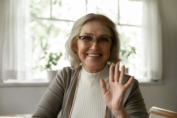 Let us begin our lesson. Portrait of smiling mature female teacher tutor in glasses wave hand to...