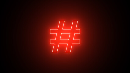 Red Neon Hashtag sign. Hashtag symbol glowing futuristic red neon lights on black background.