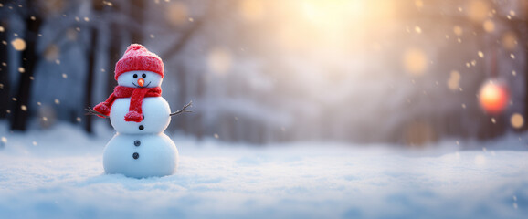 Naklejka na ściany i meble a snowman standing in a snow scene, in the style of bokeh panorama, red and azure, romantic landscape, ,Generative AI